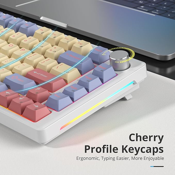 75% Mechanical Keyboard Gasket with Knob Custom Wired Creamy Gaming Keyboard TKL 75 Percent Hot Swappable RGB Backlit Pre-lubed Switch for Win/MAC PC Laptop（Cotton Candy/White Switch）