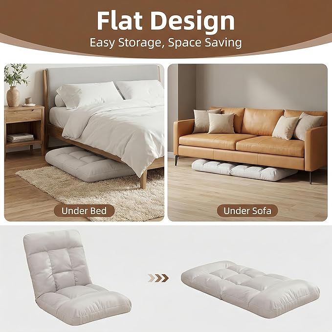 Folding Floor Chair with Back Support 5 Adjustable Position Padded Sleeper Bed Couch Recliner Comfy Floor Gaming Chair for Adults Meditation Reading Living Room Bedroom