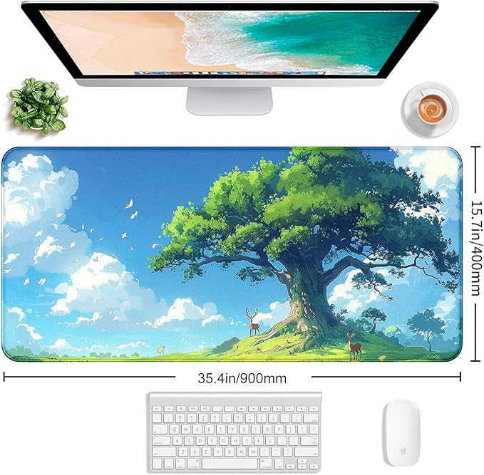 Simple and Cute Anime Landscape Computer Mouse Pad Large Green Plant Outdoor Landscape Office Desk Pad 35.4 x 15.7 x 0.12 Inch Sewn Edge Non Slip Rubber Base Mouse Pad