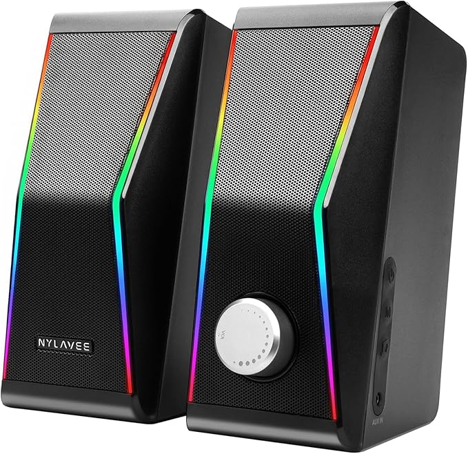 Nylavee Computer Speakers Hi-Fi Stereo Sound PC Speakers with Bluetooth 5.0 and 3.5mm AUX-in 14W AC Powered Built-in Equalizer Modes and RGB Lights for Desktop PC Monitor Laptop PS5 Xbox