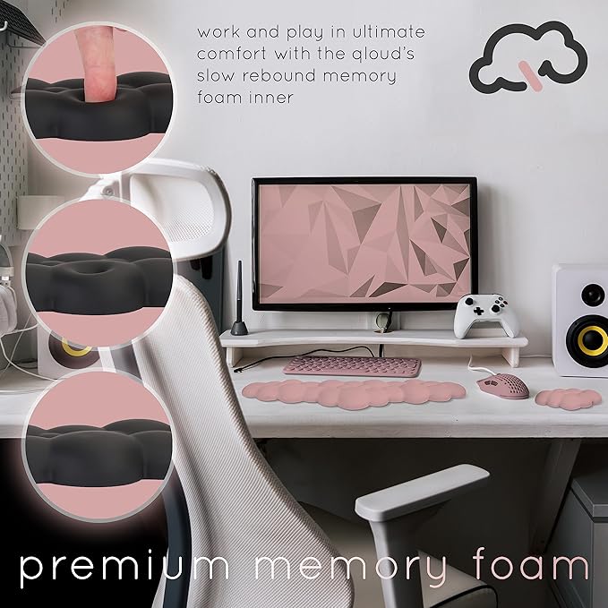 Qloud Cloud Wrist Rest Keyboard Wrist Rest for Computer Keyboard Pad Cloud Keyboard Wrist Rest Wrist Pad for Keyboard Memory Foam Non Slip Base Comes with Mouse Pad - Pastel Pink