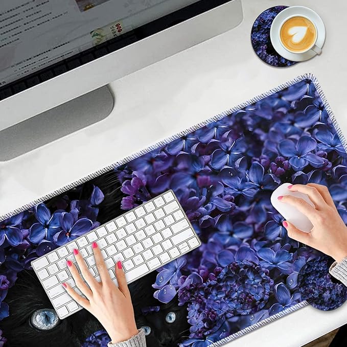 Large Mouse Pad Set Desktop Mouse Pad + Keyboard Wrist Pad + Mouse Wrist Pad + Coaster Ergonomic Memory Foam Multi-functional Desk Mat - Flower and Black Cat