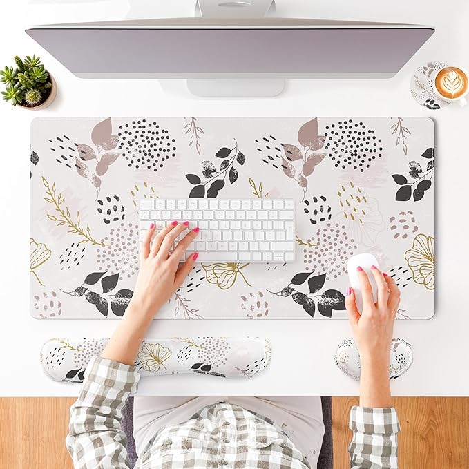 QIYI Leather Desk Mat Set 4-in-1 Large Mouse Pad with Wrist Rest Non-Slip Desk Pad + Keyboard Wrist Rest + Mouse Wrist Support + Coaster Office Desk Accessories Home Decor Supplies Botanical Leaf
