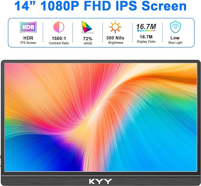 KYY Portable Monitor for Laptop 14 FHD 1080P Travel Monitor USB-C &amp HDMI Computer Gaming Screen with VESA Mount &amp Smart Cover Dual Speakers for Mac PC Phone Xbox PS5 Switch