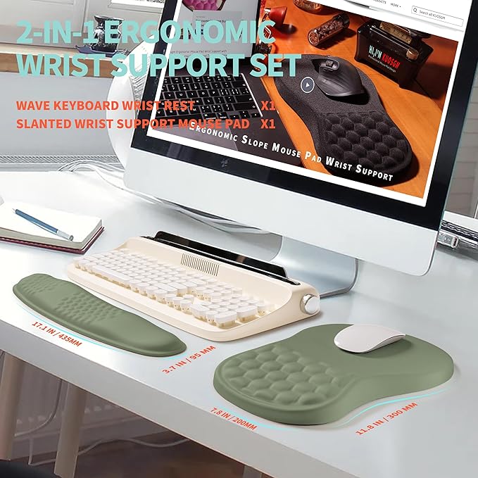 2-in-1 Ergonomic Set Wave Rise Keyboard Wrist Rest and Massage Bulge Slope Mouse Pad Wrist Support Cushion Memory Foam Integrated to Relieve Wrist Pain Olive Green