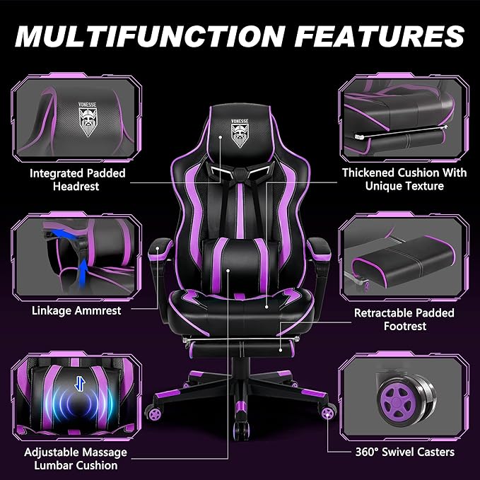 Vonesse Purple Gaming Chair with Footrest Reclining Computer Gaming Chairs for Adults Ergonomic Gamer Chair with Massage Big and Tall PC Game Chair(Purple/Black)