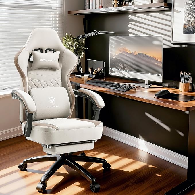 Dowinx Gaming Chair Breathable Fabric Game Chair with Gel Pad and Storage Bag Comfortable Gamer Chair with Pocket Spring CushionErgonomic Computer Chair with FootrestBeige
