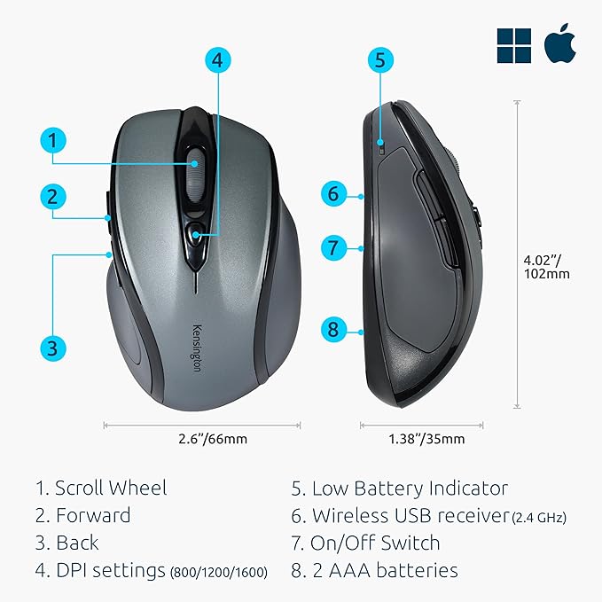 Kensington Pro Fit Mid-Size Wireless Mouse Graphite Gray (K72423AM)