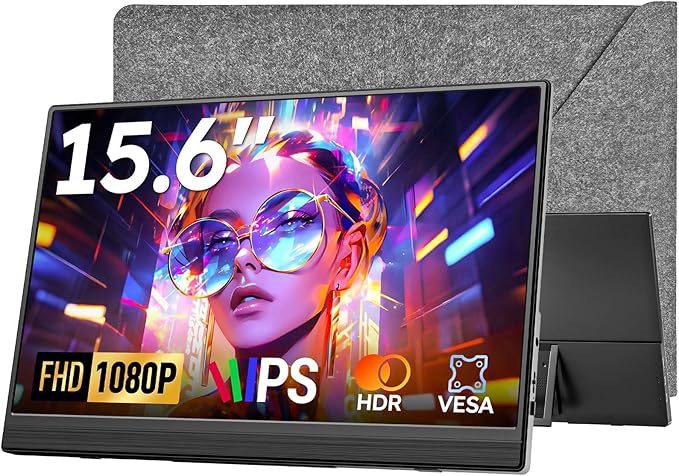 Travel Portable Monitor with Sleeve Bag 15.6 FHD 1080P Portable Screen for Laptop with Kickstand USB-C HDMI Second External Monitor Screen Extender for Laptop Mac Phone PS4/5 Xbox Switch - Black