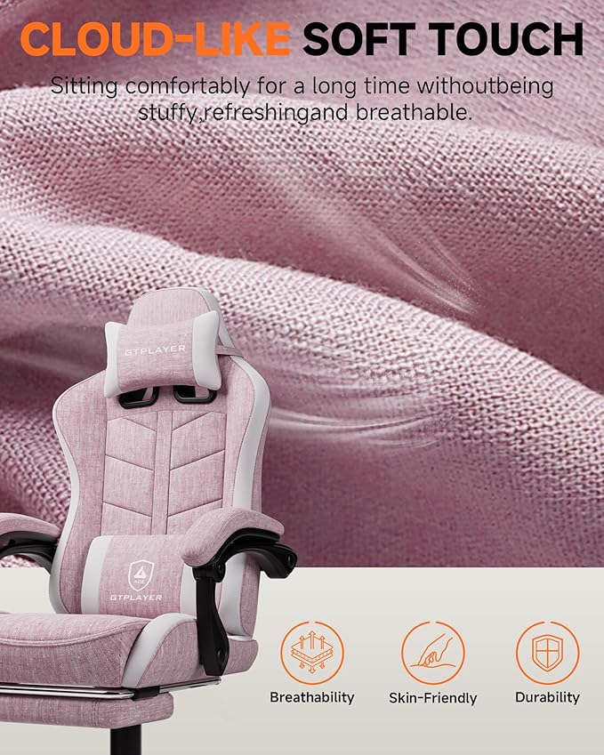 GTPLAYER Gaming Chair with Footrest Computer Gaming Chair for Adults and Kids Height Adjustable Gamer Chair with 90-155° Recline &amp Removable Headrest Lumbar SupportLinen Fabric Pink