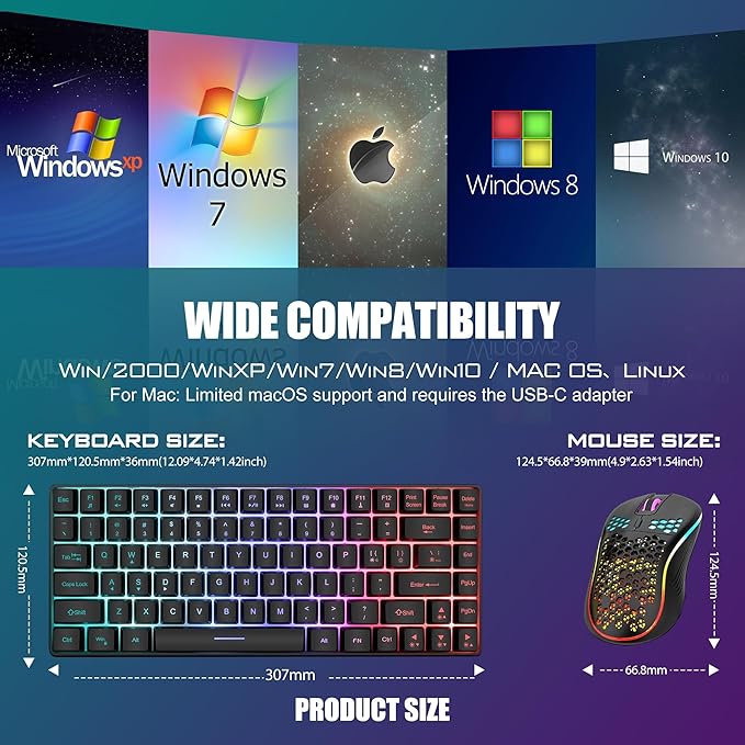RedThunder K84 Wireless Keyboard and Mouse Combo Rainbow Backlit Rechargeable Battery 75% Layout TKL Ultra Compact Gaming Keyboard &amp Lightweight 3200 DPI Honeycomb Optical Mouse (Black)
