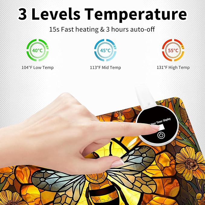 Warm Desk PadHeated Desk Pad Mouse Mat Gamingwith 3 Heating Levels &amp 3 Hours Auto Shut-OffLeather 31.5 x 13 Foot Warmer Keyboard Office MatCute Bee Floral