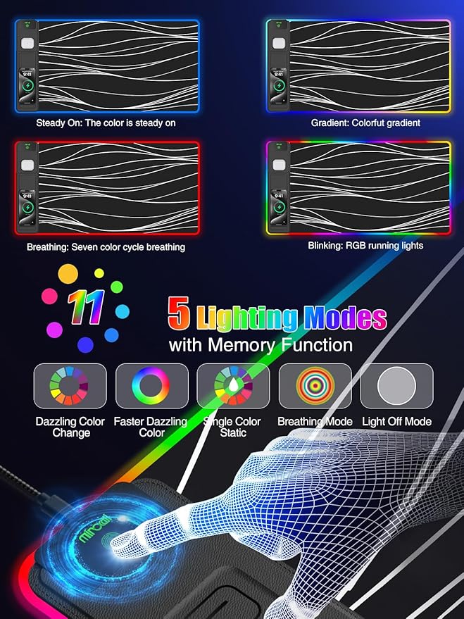 Mouse Pad with Foldable Phone Holder &amp Wireless Charger XXL RGB Gaming Mousepad 31.5x15.8 Large Desk Mat for Keyboard Black Desk Pad with Dual Qi Charging Station | 11 Colors 5 Modes | Waterpr
