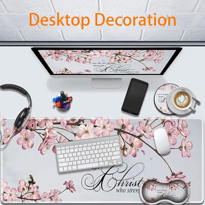 Durable Desk Mat + Wrist Rest Pad + Coasters Set Large Gaming Office Mouse Pad 31.5 x 11.8 Extended Non-Slip Rubber Keyboard Pad Laptop &amp Home Philippians 4-13