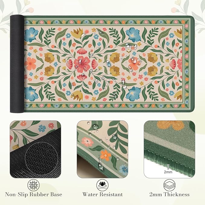 Computer Mat and Mouse Pad SetFloral Aesthetic Wrist Rest for Keyboard and Mouse with Coaster Non-Slip Desk Protector Work from Home(Green and Pink)