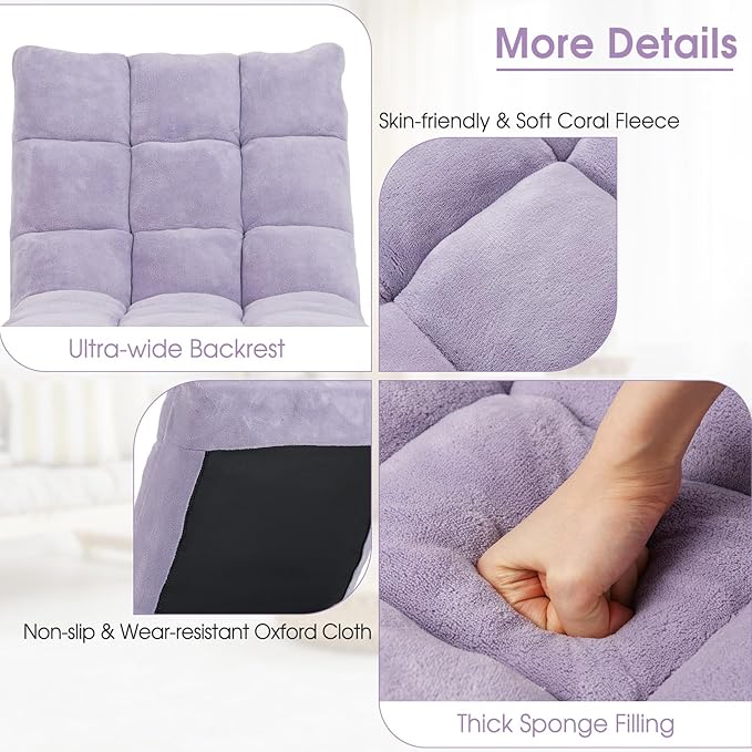 ARLIME Adjustable Floor Chair 14-Position Lazy Sofa Chair with Back Support &amp Thick Padding Portable Foldable Floor Couch for Adults Kids Use in Bedroom Living Room Home Theater (Light Purpl