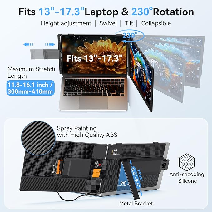 14 Dual Laptop Screen Extender - Ultra Thin Portable Monitor | FHD 1080P USB-C/HDMI Plug &amp Play | Lightweight Travel Display for Mac/Windows (13-17.3 Laptop) | Multi-Tasking Boost for Work &amp