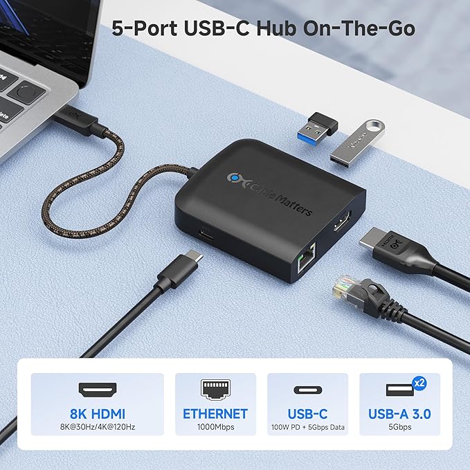 Cable Matters USB C Hub HDMI 2.1 Up to [8K@30Hz/4K@120Hz 100W Charging 5Gbps Data Transfer] Gigabit Ethernet USB C HDMI 2.1 Hub Compatible with Thunderbolt 4/5 Max 4K@60Hz on MacOS