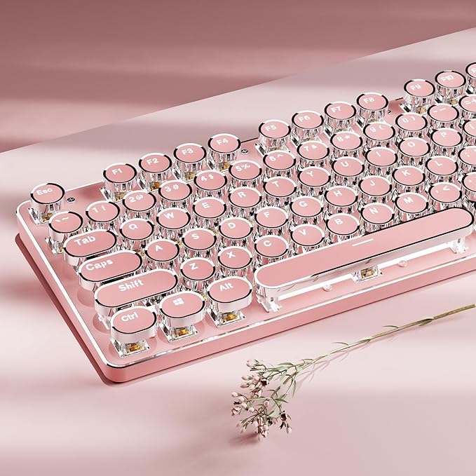 EWEADN TK950 Typewriter Keyboard Wireless Mechanical Keyboard 104 Keys Aesthetic Typewriter Keyboards with White Backlit Anti-Ghosting Blue Switch Bluetooth/2.4GHz/Wired Keyboards-Pink