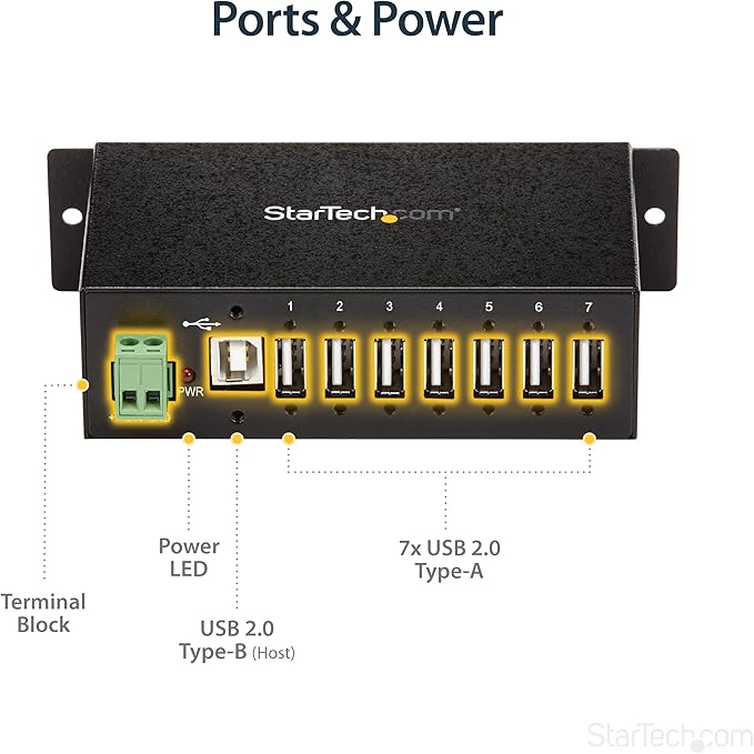 StarTech.com 7-Port USB 2.0 Hub - Metal Industrial USB-A Hub with ESD Protection &amp 350W Surge Protection - Din Rail Wall or Desk Mountable - TAA Compliant USB Expander Hub (ST7200USBM)