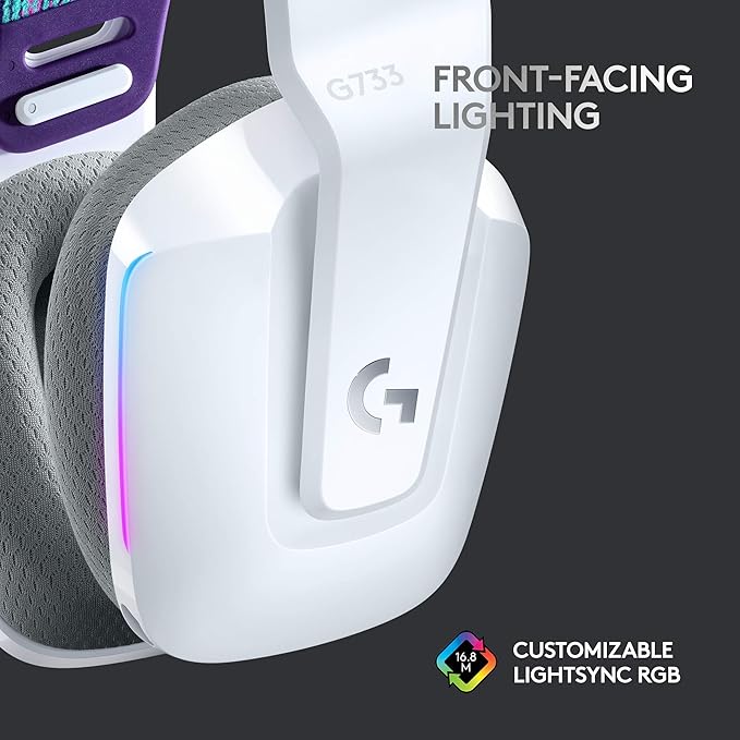 Logitech G733 Lightspeed Wireless Gaming Headset with Suspension Headband LIGHTSYNC RGB Blue VO!CE mic Technology and PRO-G Audio Drivers - White