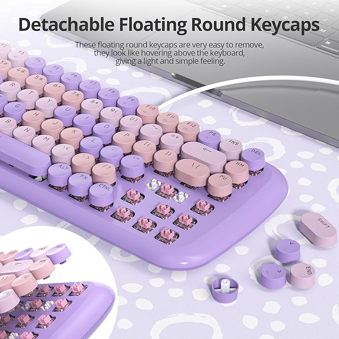 Purple Creamy Mechanical Gaming Keyboard Aesthetic Keyboard w/White Backlit 84 Keys Cute Retro Typewriter Computer Keyboard Wired w/Pink Switch Round Keycap for Windows/PC/PS5 (Purple)
