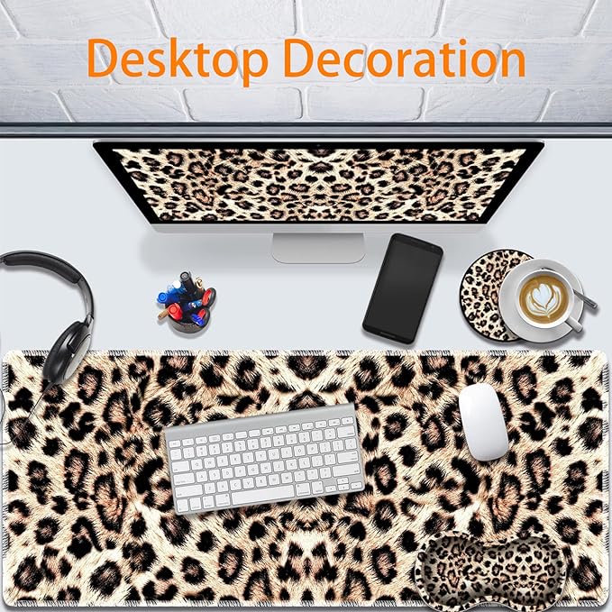 Durable Desk Mat + Wrist Rest Pad + Coasters Set Large Gaming Office Mouse Pad 31.5 x 11.8 Extended Non-Slip Rubber Keyboard Pad Laptop &amp Home Leopard Print Pattern