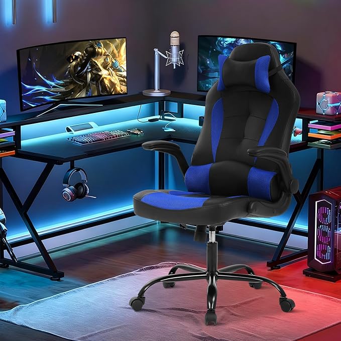 Gaming Chair Racing Chair with Lumbar Support - High Comfort PU Leather Ergonomic Office Desk &amp PC Gaming Chair for Adults Men Women - Flip-Up Arms &amp Headrest Blue