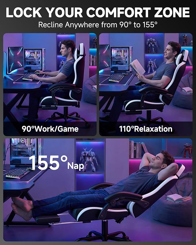 GTPLAYER Gaming Chair Computer Gaming Chairs for Adults with Footrest Height Adjustable PC Game Chair with 90-155° Recline &amp Removable Headrest Lumbar Support Black-White