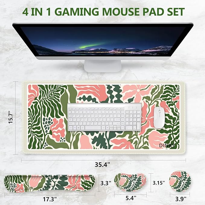 DINKY Floral Desk Mat Large Mouse Pad with Wrist Rest Desk Matt for Desktop Anti-Slip XXL Ergonomic Mousepad with Wrist Support for Keyboard and Mouse Abstract Flower Leaf