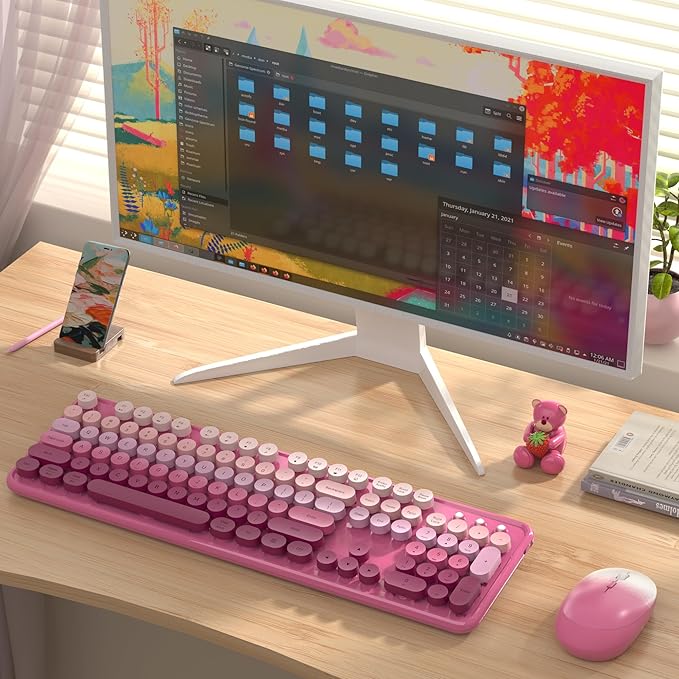 Colorful Wireless Keyboard and Mouse Combo COVEVA 2.4GHz Wireless Retro Cute Round Keycaps Keyboard 104 Keys Full-Sized Keyboard Mouse Set with Switch Button for PC Laptop Desktop (Pink Gradient)