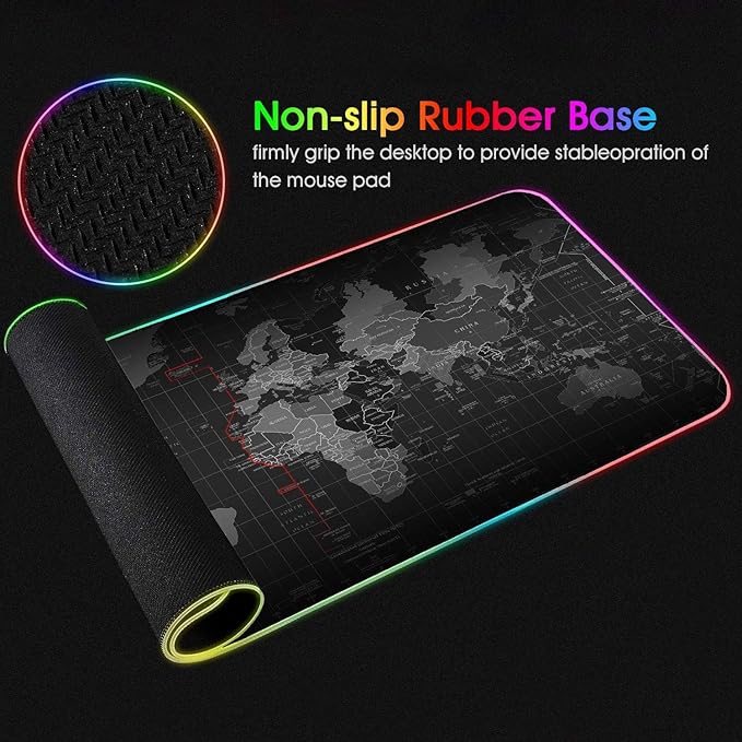 RGB Gaming Mouse Pad with Coffee Coaster XXL Large Glowing LED Mousepad Anti-Slip Rubber Base Computer Keyboard Desk Mouse Mat 31.5 X 11.8 Inch - World Map Pattern