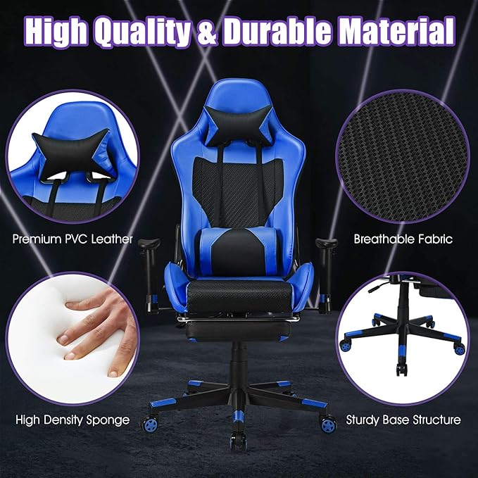 Giantex Massage Gaming Chair Ergonomic Video Game Chair with Footrest High Back E-Sport Computer Chair with Headrest &amp Massager Lumbar Support PU Leather Gaming Seat (Blue)