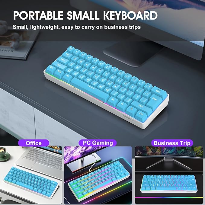 Snpurdiri 60% Wired Gaming Keyboard Small Ultra-Compact 61 Keys RGB Backlit 60 Percent Gaming Keyboard for PC/Mac Gamer Typist Travel Easy to Carry on Business Trip (Blue)