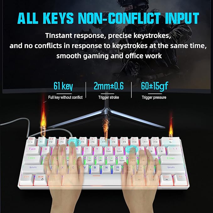 Snpurdiri Wired 60% Mechanical Gaming Keyboard Blue Switch Anti-Ghosting 61 Key Keyboard with RGB Backlit and Double Foot Ultra-Compact White