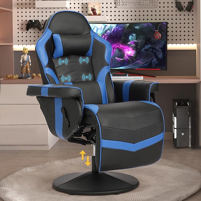 Game Reclining Chair with Adjustable Height PU Gaming Chair with Massage Long Footrest and Lumbar Support High Back Swivel Computer Game Chair for Adult(Blue)