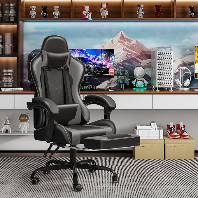 JUMMICO Gaming Chair Ergonomic Computer Chair with Footrest and Massage Lumbar Support Height Adjustable Video Gaming Chair with 360° Swivel Seat and Headrest (Grey)