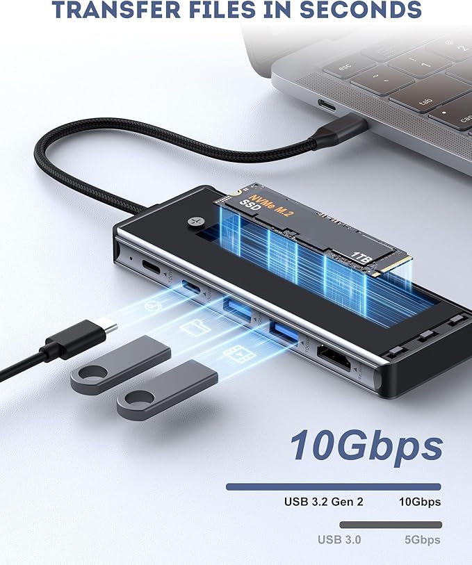 USB C Hub for MacBook Air/Pro Mac mini Laptop Multiport Adapter Dongle Dock Docking Station with M.2 NVMe SSD Enclosure 4K60Hz HDMI USB 3.2 Gen 2 100W Pass-Through Charging