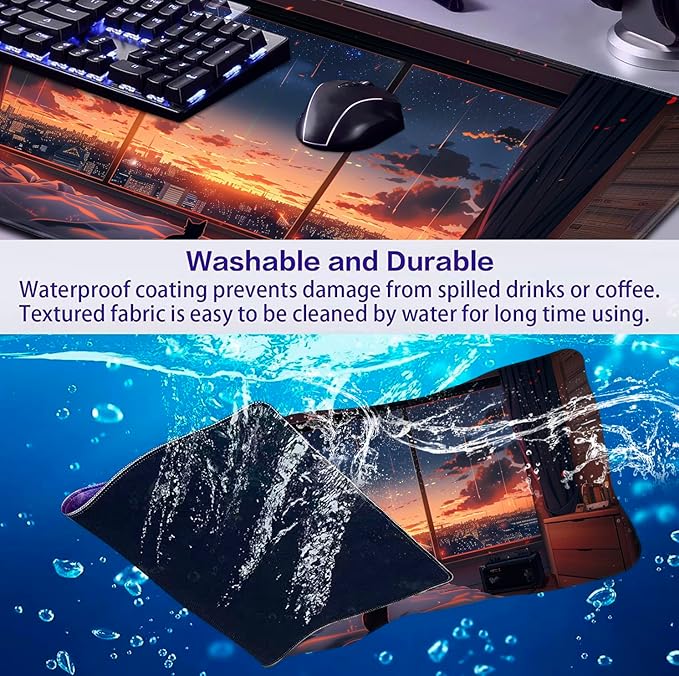 Anime Cat Fantasy Window Mouse Pad Summer Mouse Pad Large Healing Night Scene Game Table Pad XL Office Decoration Women's Laptop Keyboard Pad 35.4 x 15.7 x 0.12 Inches