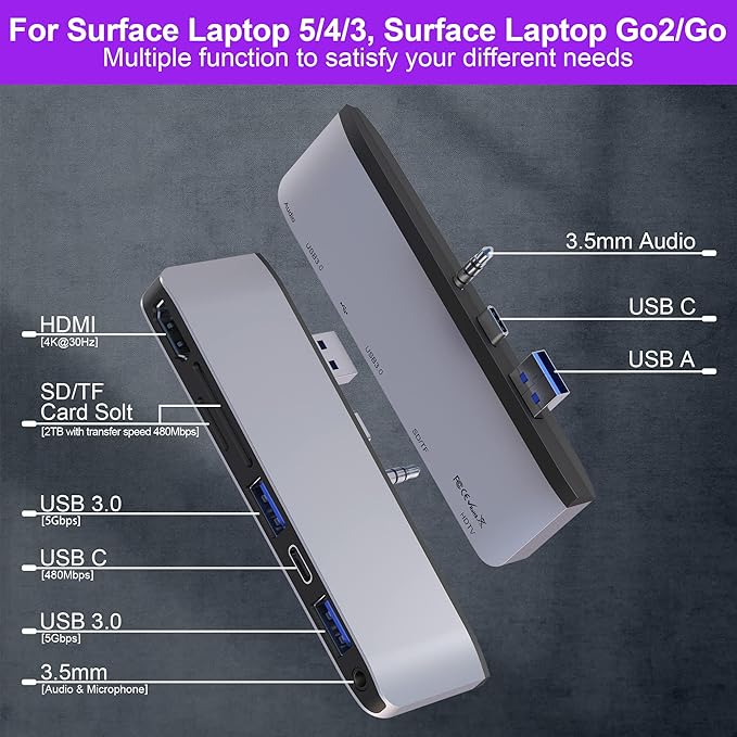 Surface Laptop 6/5/4/3/Laptop Go/Go2 Hub Docking Station with 4K@30HZ HDMI +2*USB 3.0 +USB-C +SD TF Card Slot +3.5mm Audio Adapter for Surface Laptop 3/4/5/6/Laptop Go/Go2