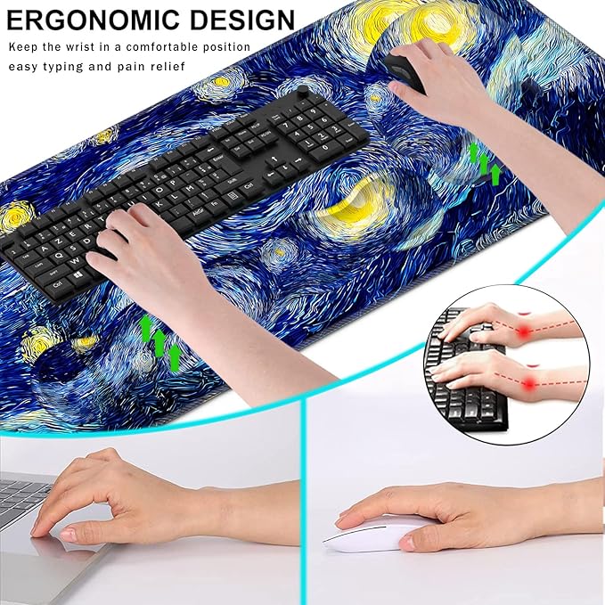 Mouse PadLarge Pink Desk Mat 4in1 XXL Mousepad + Keyboard Wrist Rest+Mouse Wrist Rest+Coaster Set with Ergonomic Desk Pad for Home Office Table Computer-Abstract Night Sky
