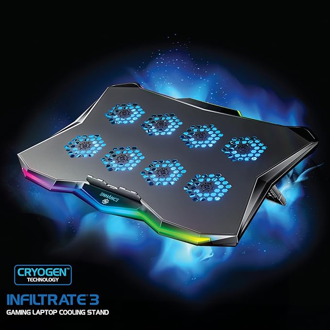 ENHANCE Infiltrate 3 Laptop Cooling Pad with RGB LED Lights - Gaming Cooler Stand with 8 Quiet Fans 7-Angle Adjustable Dual USB Hub Metal Cooling Plate for 13-17.3 Gaming Notebooks