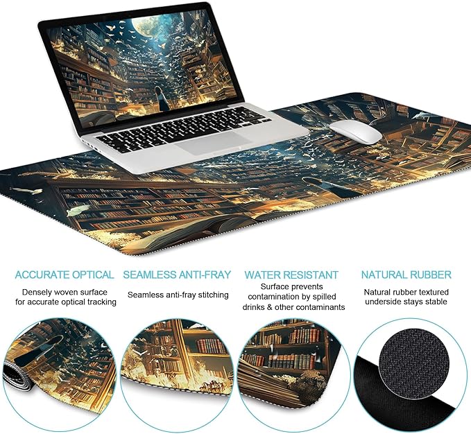 Anime Book Mouse Pad Set Large Desk Matt for Desktop Ergonomic Mouse Pad with Wrist Rest Gaming Mousepad Wrist Support Keyboard Mat Cup Coaster Set Cute Desk Accessories for Women Girl