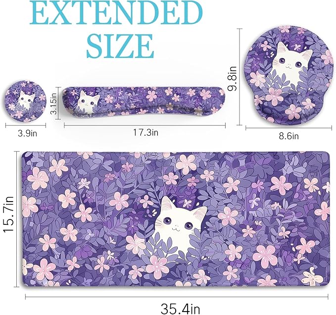 Purple Mouse Pad Large Desk Mat Set Kawaii Cat Computer Mouse Pad with Wrist Rest Keyboard Wrist Support XXL Mousepad Cup Coaster Set Cute Purple Office Desk Accessories Cat Decor Supplies