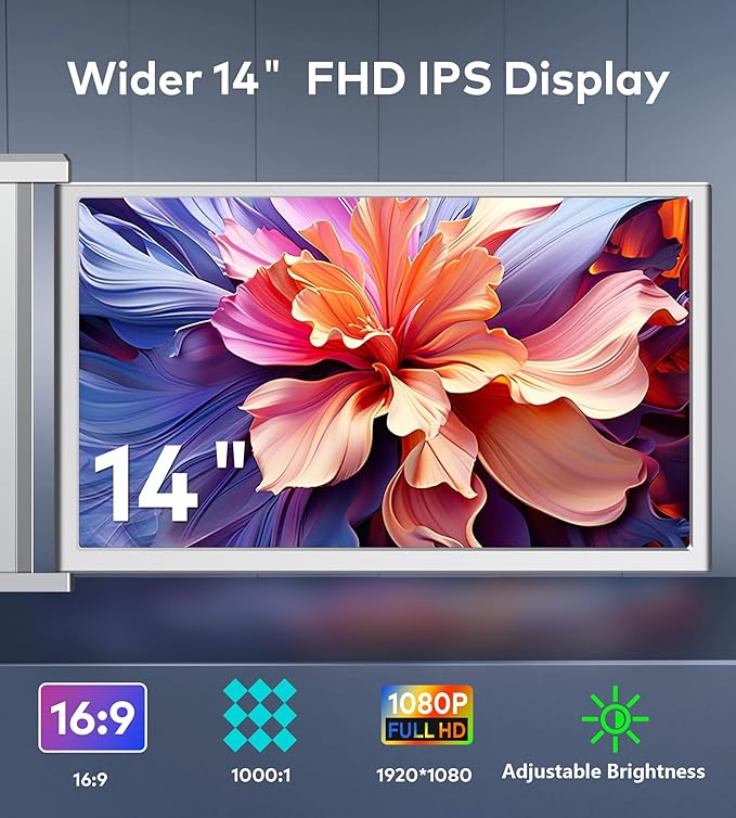 Laptop Screen Extender 14 FHD 1080P IPS Laptop Monitor Extender 315° Rotation Triple Portable Monitor for 13.5 -16.5 Laptops Type-C/HDMI/USB-A Plug &amp Play for Wins Mac Android Switch