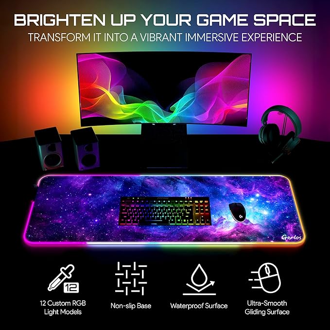 Gerlos RGB Large Gaming Mouse Pad Extended Soft LED Mouse Pad Non-Slip Rubber Base Water Resist Keyboard Pad Computer Mousepad 31.5×11.8 inches
