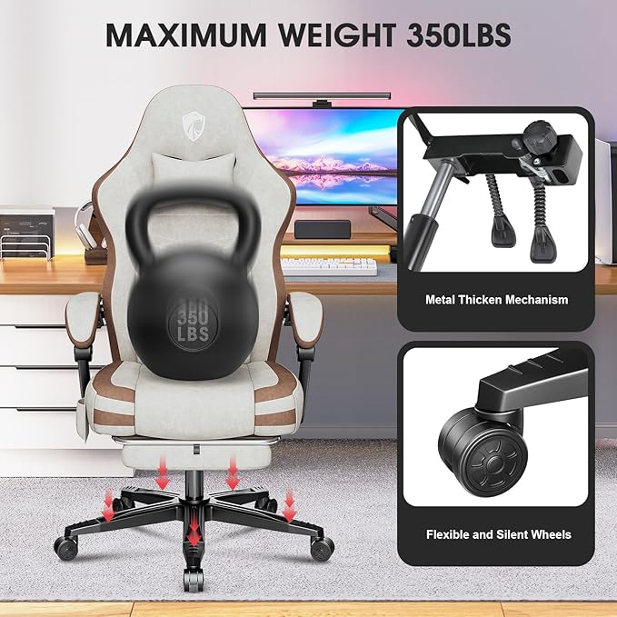 Gaming Chair Fabric Computer Office Chair with Massage Ergonomic Chair with Footrest Lumbar Support Pocket Spring Widened Cushion Metal Legs 350LBS Beige