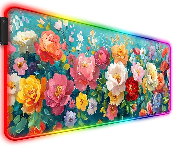 RGB Colorful Flower Peony Gaming Desk Mat Computer Keyboard Large Extended Long Floral LED Mouse Pad for Office and Home XL (W28)