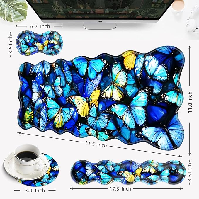 Desk Mat Mouse Pad with Wrist Rest 4-in-1 Large Mouse Pads for Desk Ergonomic Mouse Pad and Keyboard Wrist Rest Gaming Keyboard Mat for OfficeColorful Butterflies