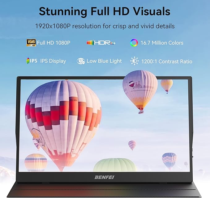 BENFEI Portable Monitor 15.6'' FHD 1080P HDMI USB-C Gaming Display Ultra-Slim IPS HDR Screen w/Smart Cover &amp Speakers Plug &amp Play External Monitor for Laptop PC Phones Tablet PS5/4 Xbox Swi